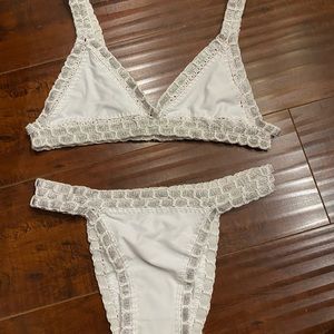 Brand New White Crochet Bikini SET w Silver trim. Bridal, Bachelorette.